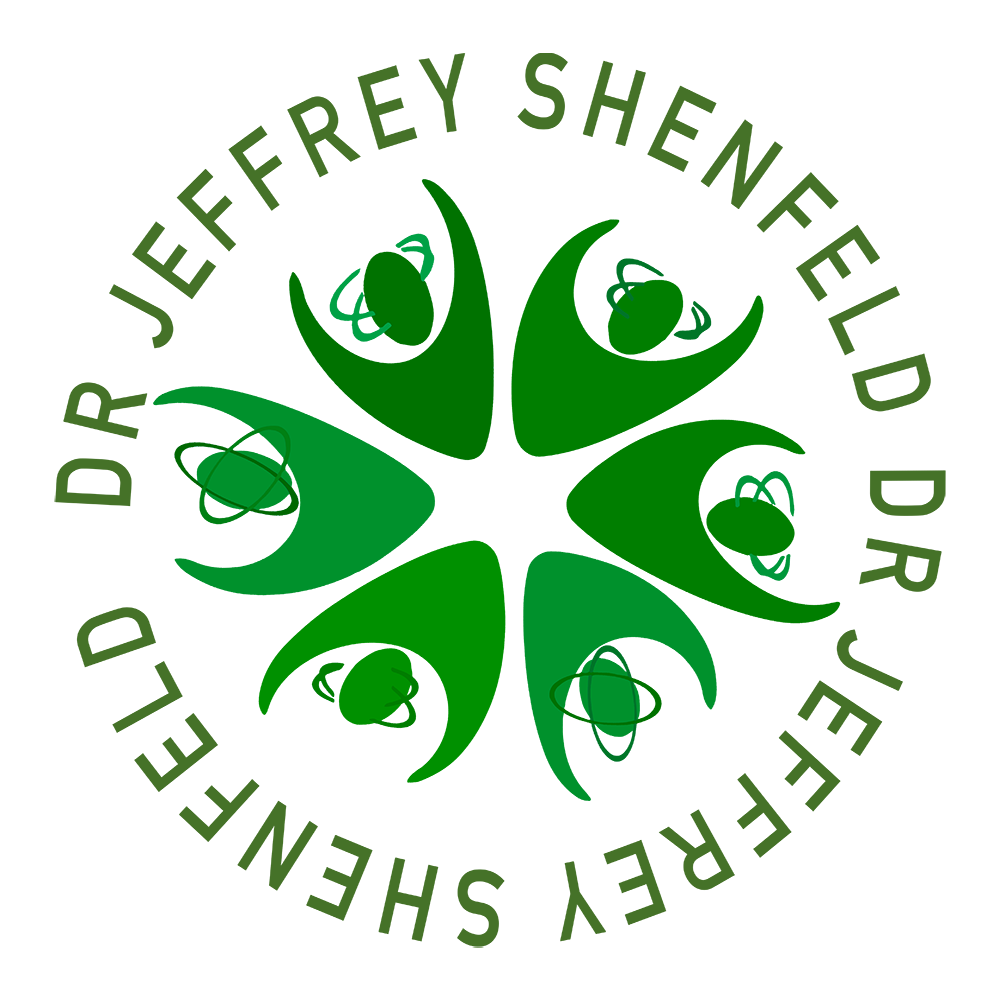 The image features a circular emblem with a stylized design resembling a flower or sunburst pattern, predominantly in shades of green and white, set against a black background. At the center, there are five human figures depicted in a simplified manner, each holding what appears to be a coffee cup. Above this central imagery, the text reads JEFFERY SHENFELD in uppercase letters, followed by DR. JEFFERY SHENFELD in smaller font size. Below the figures, there is additional text that says SHENFIELD DR. in capital letters. The overall style of the image suggests a logo or emblematic design, possibly associated with a brand, organization, or individual named Dr. Jeffrey Sheinfeld.